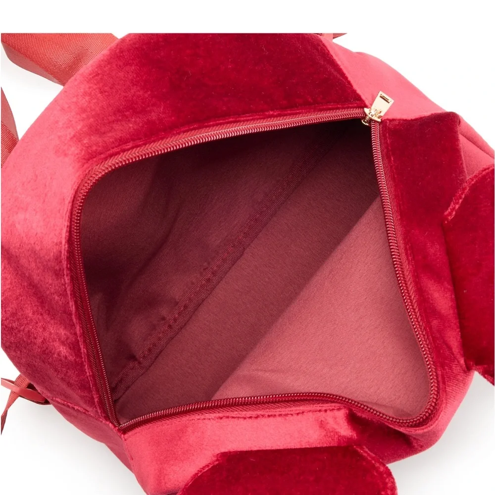 New Disney Minnie Mouse Red Velvet Backpack with 3D Bow & Ears.